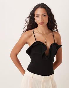 Боди с глубоким вырезом и оборкой, черного цвета Asos Design