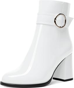 Женские ботильоны NUMALEO из лакированной кожи с повседневной молнией, для свиданий, с ремешком на щиколотке, круглым носком, пряжкой, массивным каблуком 3,3 дюйма, White