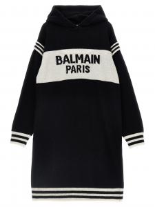 Платье с капюшоном и логотипом Balmain Kids, черный