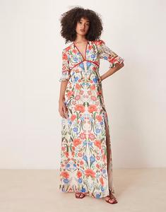 Платье макси Hope & Ivy с оборками на рукавах и разрезом на спине, красного цвета, многоцветное