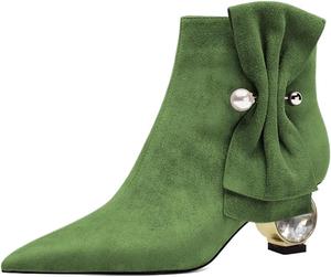 Женские ботильоны XYD с низким каблуком, заостренным носком, жемчужным бантом сбоку, кристаллами, массивным низким каблуком и внутренней молнией, обувь для мероприятий, Green