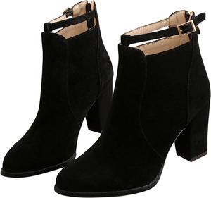 Женские модные ботильоны на щиколотке с пряжкой, замшевые с острым носком, на массивном каблуке, водонепроницаемые повседневные кожаные рабочие ботильоны, широкая полнота, противоскользящие с удобными стельками Nvtuuer, Black