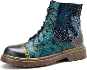 Женские кожаные ботильоны, винтажные сапоги средней высоты, противоскользящие с боковой молнией, осенне-зимние ботильоны, комбинированные с цветочным узором, для свадьбы, вечеринки, платья и прогулок на улице Eimeinuosy, Green