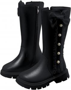 Детские сапоги до колена для девочек, сапоги средней длины, верховые сапоги, искусственная кожа, молния, панк/гот стиль, осень-зима, с бантом, боевые сапоги, маленькие и большие размеры Generic, B01 Black