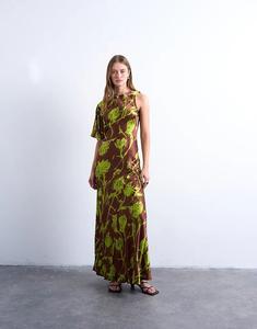 Платье миди Topshop с асимметричными рукавами и пышным подолом в зеленом цвете с размытыми розами