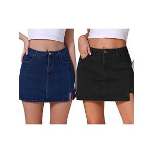 2 упаковки женских джинсовых шорт-юбок с высокой талией, а-силуэтом, эластичных, с боковым разрезом, мини Inspire Chic, Dark Blue Black