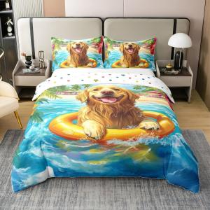 Erosebridal Комплект постельного белья Cute Golden Retriever с изображением щенка, 100% хлопок, морская тематика, красочный дизайн, Blue Yellow