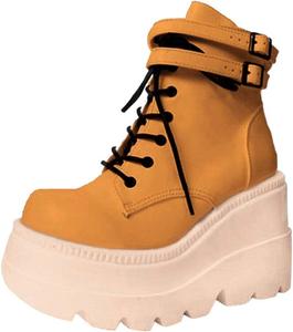 Женские ботильоны на танкетке ZBYY с массивным устойчивым каблуком, круглый носок, шнуровка, мотоциклетная платформа, ботинки-боец, Brown 10.5