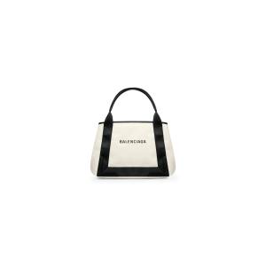 Темно-синяя маленькая сумка Cabas из хлопкового полотна кремового цвета и черной телячьей кожи BALENCIAGA, бежевый
