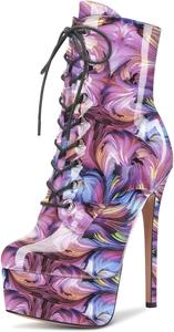 Женские ботильоны Aachcol с короткой платформой, высокие каблуки-стилетто, круглым носком, на шнуровке, из лакированной кожи, каблук 6,5 дюйма, Multicolor H