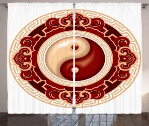 Шторы ABAKUHAUS Ying Yang в деревенском стиле, традиционная культура, универсальные ленточные шторы для гостиной с петлями и крючками, 280 x 175 см, бордово-кремово-белый цвет