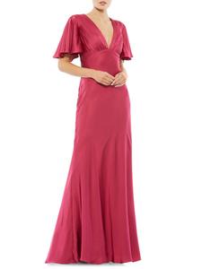 Платье-труба из атласа с развевающимися рукавами Mac Duggal, цвет Raspberry