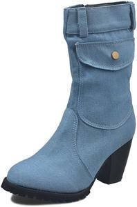 Hhhchpm Денимовые ботильоны для женщин с заостренным носком, массивным высоким каблуком, джинсового синего цвета, короткие до середины голени с боковой молнией