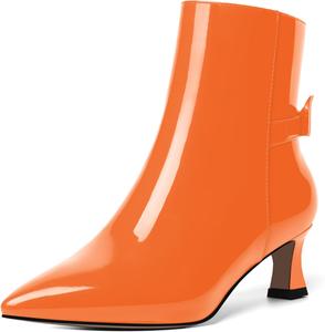 Женские ботильоны MOVINSTEPS с молнией, с бантом из лакированной кожи, с заостренным носком, для вечеринок, модные, с низким каблуком-ступицей, высотой до щиколотки, каблук 2 дюйма, Orange