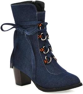 Женские джинсовые ботильоны короткие на шнуровке с низким каблуком, заостренным носком и молнией, осенне-зимняя повседневная обувь Generic, Dark Blue