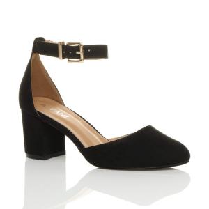 Туфли из искусственной замши на среднем блоке с ремешком на щиколотке, 2 части каблука AJVANI, черный