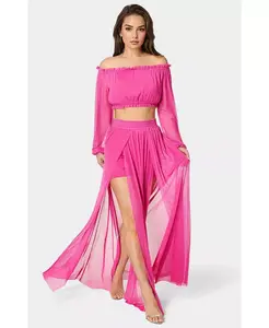 Женское платье из двух частей с высоким разрезом из сетки Bebe, розовый