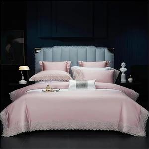 Generic Комплект постельного белья из египетского хлопка 1000TC французский романтический с кружевом Pink