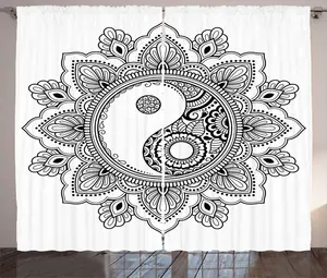 Штора ABAKUHAUS в этническом деревенском стиле, круглая, восточная, Инь-Янь, универсальная, для гостиной, с петлями и крючками, 280 x 225 см, цвет: антрацитовый серый и белый Abakuhaus