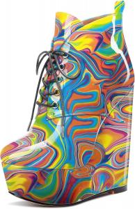 Женские ботильоны на платформе Aachcol, короткие сапожки, шнуровка, закрытый носок, на танкетке с высоким каблуком, праздничные лакированные, каблук 6 дюймов, Multicolor N