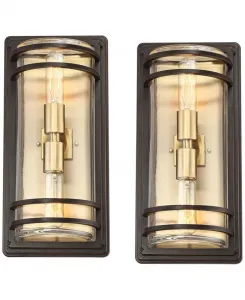 Комплект из двух современных настенных светильников Habitat в индустриальном стиле, бронза, латунь, 40 см, прозрачное стекло, для наружного освещения, сарая, террасы John Timberland, золотой
