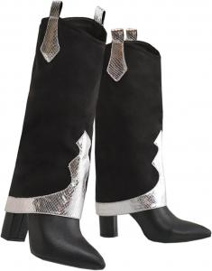 Женские высокие сапоги Yolkomo до колена с широким голенью, с отворотом и массивным каблуком, Black&Silver