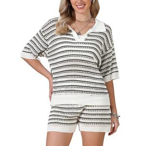 Двухкомпонентный сет с кроп-топом и шортами для женщин, летний полосатый топ с v-вырезом и коротким рукавом, пляжный образ Inspire Chic