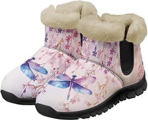 Женские пушистые ботильоны Wam зимние ботинки против скольжения, снежные ботильоны с искусственным мехом, ботильоны до щиколотки, домашняя обувь Chririnla, Dragonfly Flowers