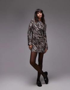 Мини-платье с длинными рукавами и леопардовым принтом Topshop