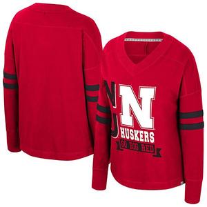 Женская красная футболка nebraska huskers oversize violet distressed v-neck с длинным рукавом Colosseum