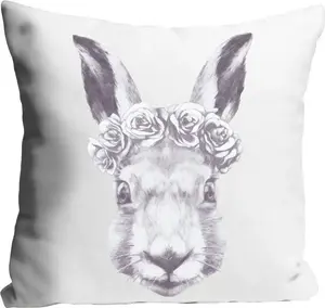 Декоративная подушка Queence "Океан", с кроликом и цветочным венком, чехол без наполнения, 1 шт 40х40 см, серый