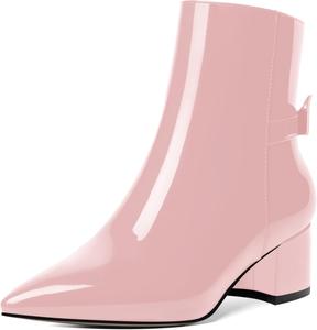 Женские ботильоны AMBELIGHT с молнией, с острым носком, повседневные, лакированные с бантом, на низком массивном каблуке, высотой до щиколотки, 5 см, Pink