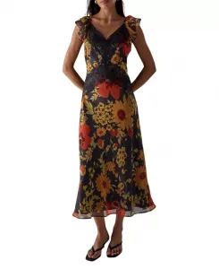 Платье миди с кружевной вставкой и оборками на рукавах Warehouse, мультиколор