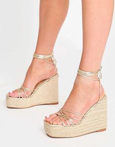 Public Desire Подогреваемые босоножки на каблуке из джута с трещинами и шнуровкой, светло-золотистого цвета