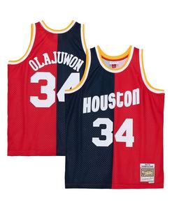 Мужская футболка Hakeem Olajuwon Navy, Red Houston Rockets Big and Tall Hardwood Classics 1993-94 Split Swingman Mitchell & Ness, синий