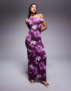 Платье Missyempire облегающего асимметричного кроя с открытыми плечами с размытым фиолетовым цветочным принтом