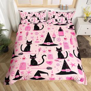 Erosebridal Комплект постельного белья Black Cats с розовыми котятами и хэллоуинским принтом из мягкого теплого материала, Multi 26