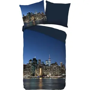 Двустороннее постельное белье PURE Luxury Collection "NY City", микрофибра, 135х200, простота в уходе, молния, двусторонний вид Нью-Йорка, цвет blau