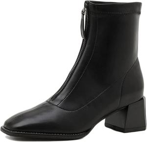 Женские короткие ботинки Yiozoi с квадратным каблуком, для улицы и модного офиса, противоскользящие, с передней молнией, повседневные ботильоны, Black