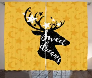 Штора ABAKUHAUS Sweet Dreams в деревенском стиле, силуэт оленя, присборенная тесьма для спальни с петлями и крючками, 280 x 225 см, цвет: коричневый, желтый, белый, черный Abakuhaus