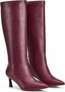 Женские сапоги GENSHUO до колена с низким каблуком 2,3 дюйма, длинные высокие сапоги с остроконечным носком, зимние и осенние, сексуальные, модные, удобные туфли, Wine-Red