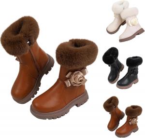 Зимние теплые сапоги средней длины для девочек, с флисовой подкладкой, милые снежные сапожки, боковая молния, водонепроницаемые ботинки из искусственной кожи Generic, Beige