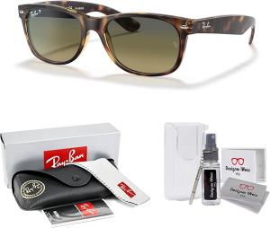 Солнцезащитные очки Ray-Ban RB2132 поляризованные New Wayfarer квадратной формы для мужчин и женщин + комплект с аксессуарами, Matte Havana/Green Gradient Blue Polarized