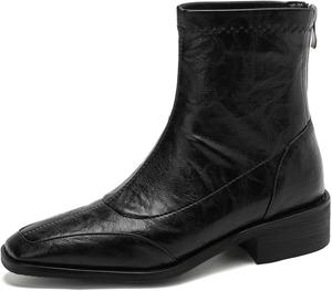 Женские западные нарядные ботильоны на молнии с ретро квадратным носком, массивным низким каблуком и эластичными короткими черита-бутс JOEUSTY, Black