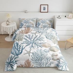 Erosebridal Комплект постельного белья Nautical Seashell Starfish в синем цвете с морской тематикой, Blue White