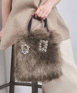 Сумка-тоут из искусственного меха с брошью, украшенной драгоценными камнями United Arrows, цвет Md. Brown