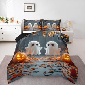 Erosebridal Комплект постельного белья Happy Halloween Kids с мультяшными привидениями и тыквами для детей, Grey White Orange