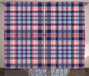 Клетчатая штора в деревенском стиле ABAKUHAUS, розовые и синие тона, универсальные ленточные шторы для гостиной с петлями и крючками, 280 x 245 см, цвет темно-синий/розовый Abakuhaus