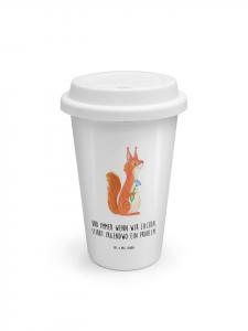 Mr. & Mrs. Panda Термокружка с изображением белки и цветка, надпись белого цвета