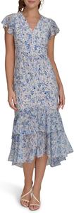 Женское шифоновое платье Tommy Hilfiger Hi Lo с рукавами-крылышками, V-образным вырезом и оборками, French Blue Multi